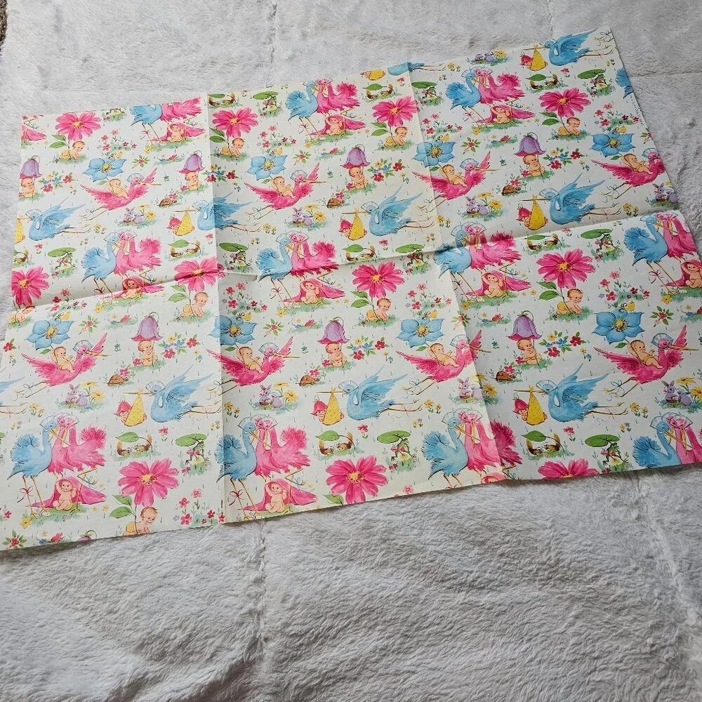 Vintage 1960s Norcross Gift Wrap Paper Baby Shower Stork Express Flowers MCM